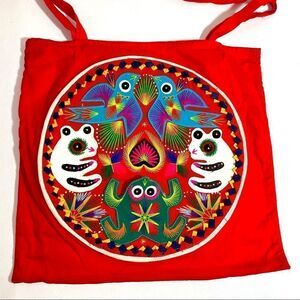 Handmadeembroidered appliquéd and stitched tote bag In red with frogs and birds